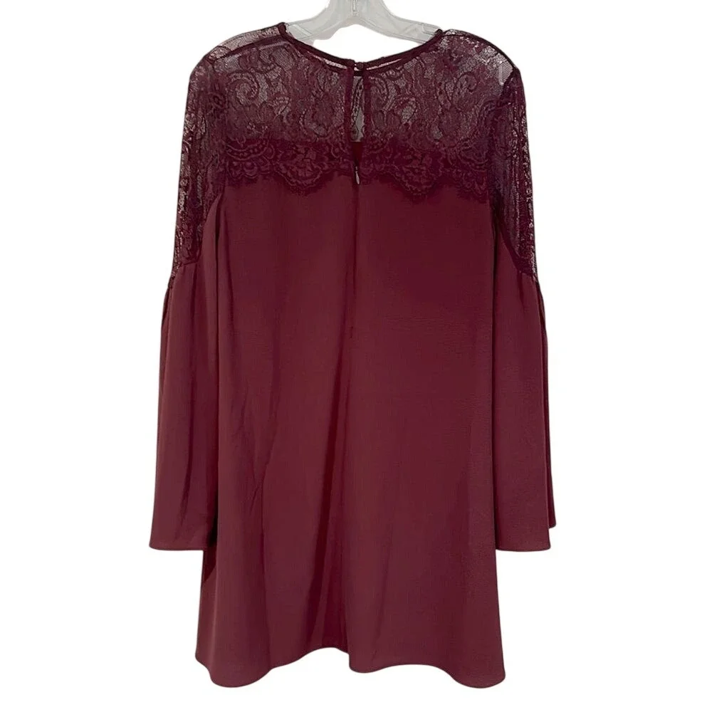 DO+BE Lace Yoke Bell Sleeve‎ Babydoll Dress Women's Small Burgundy Party Dainty